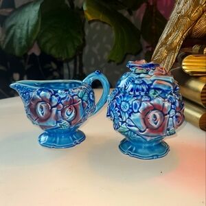 Vintage blue and Red roses creamer and sugar bowl made in Japan by Unicorn blue